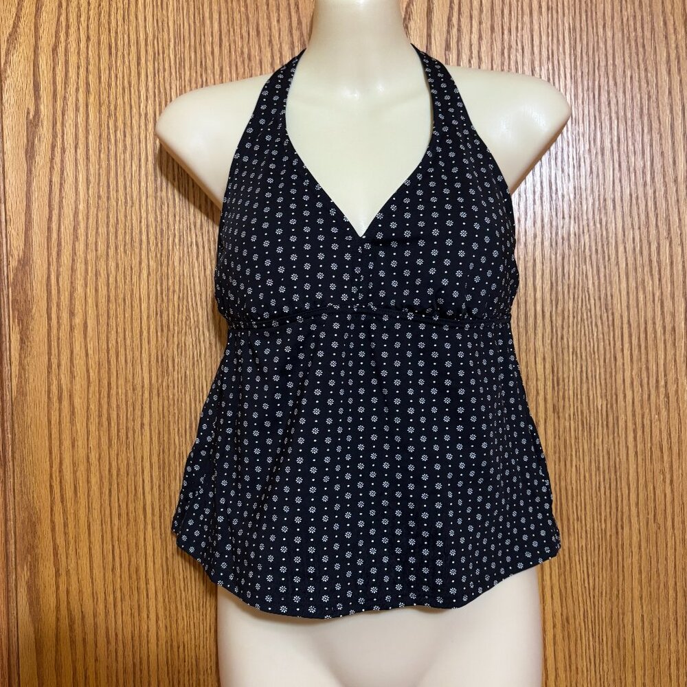 Lands'End Tankini swim top sz. 8 Black w/white flowers & polka dots